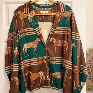 Equestrian Print Button-Up Shirt